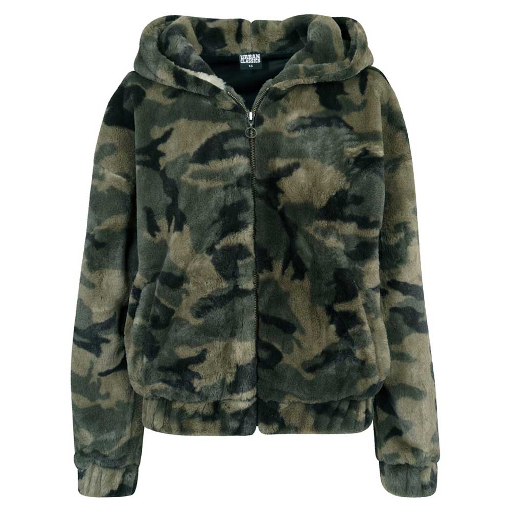 Urban Classics Camo Teddy dames winter jacket groenbruin dames jas camo groen met zwarte bont